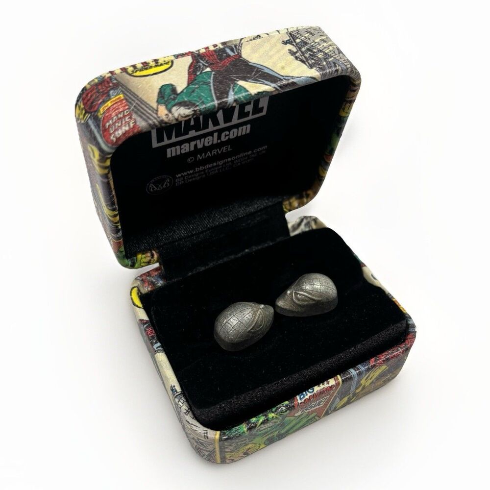 Marvel Spider-Man Mask Cufflinks Pewter Tone w/ Comic Art Box BB Designs